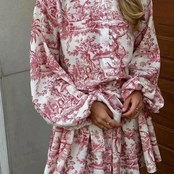 Red Boho Women's Elegant Random Print Long Sleeve Tie-Waist Loose Fit Midi Dress - Picture 3 of 7